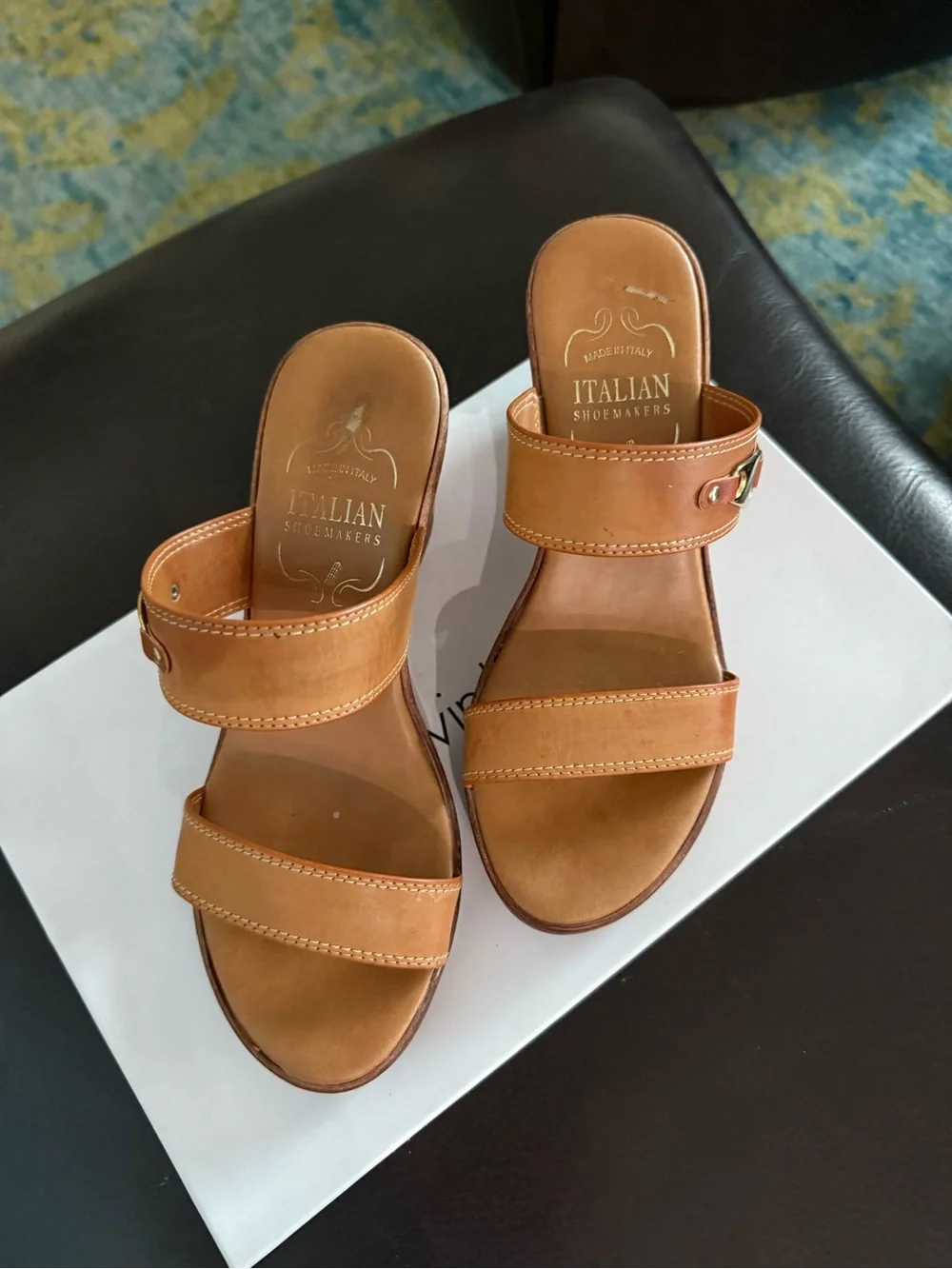 Italian Shoemakers Tan Leather Wedge Sandals with Gold Accent